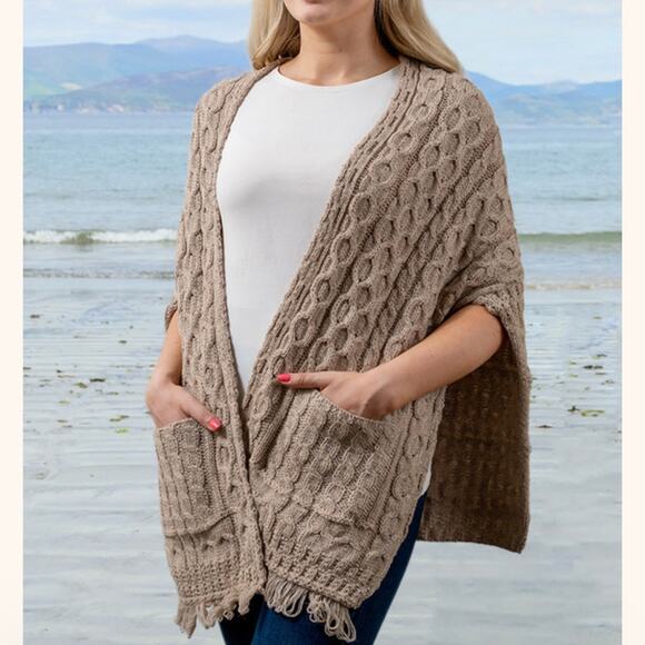 Aran Sweater Market Shawl Wrap With Pockets Cableknit Merino Wool 
Color: Wicker - Picture 1 of 6